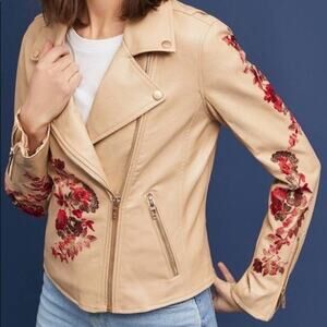 Blank NYC Floral Embroidered Moto Jacket Tan Beige Small
